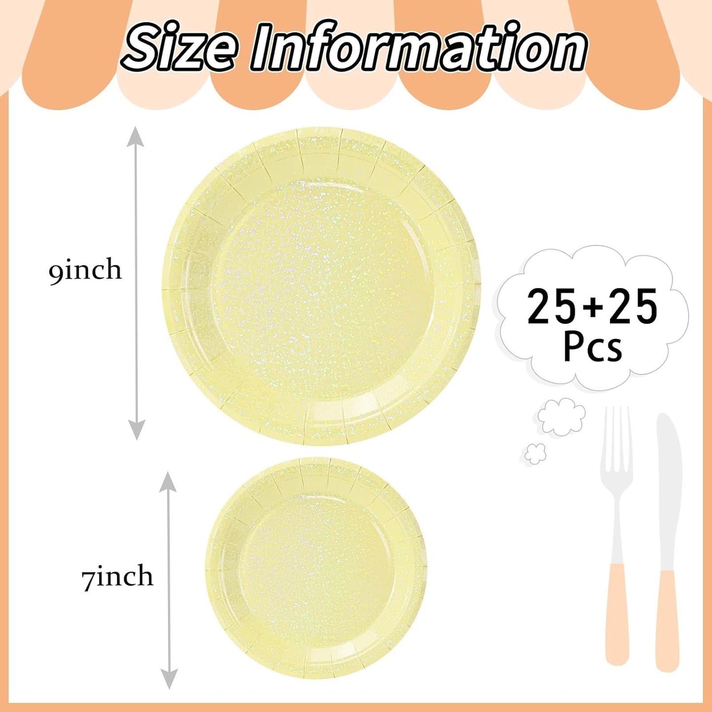 50 Pcs Iridescent Yellow Paper Plates 25 × 7'' and 25 × 9'' Disposable Yellow Shiny Holographic Foil Dinner Plates for Wedding Baby Shower Birthday Thanksgiving Party Glitter Dessert Plate