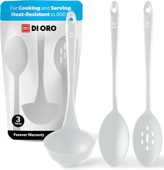 DI ORO Silicone Ladle & Spoons for Cooking – Large Kitchen Spoons for Mixing, Serving, & Stirring - Soup Ladle with Wide Bowl - High Heat Silicone Kitchen Utensils for Nonstick Cookware Safe (Stone)