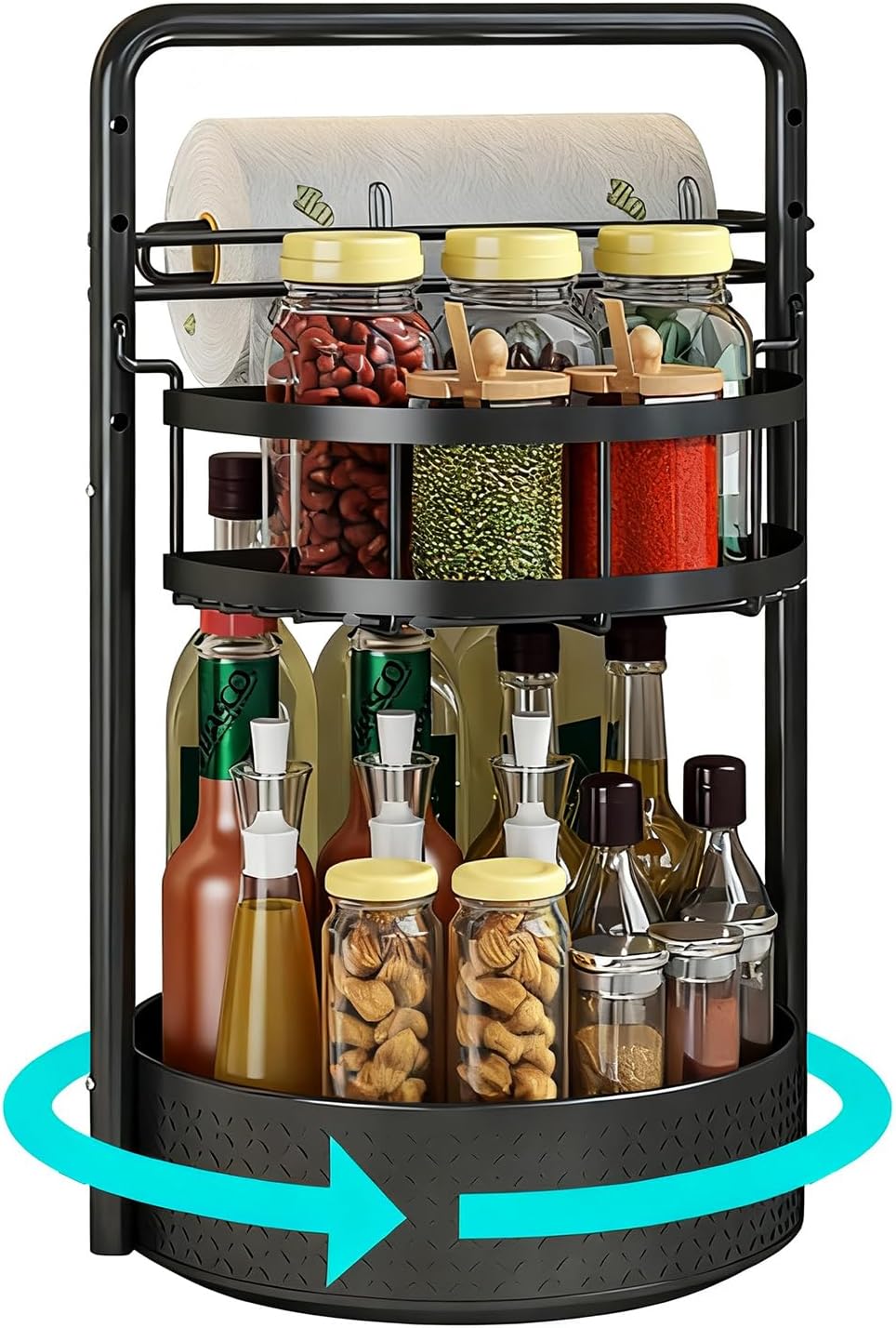 Lazy Susan Organizer, 360° Rotating Metal Spice Rack with Paper Towel Holder, Turntable Spice Holder for Condiments, Bottles, Jars, Suit for Kitchen Countertop & Cabinet, Black