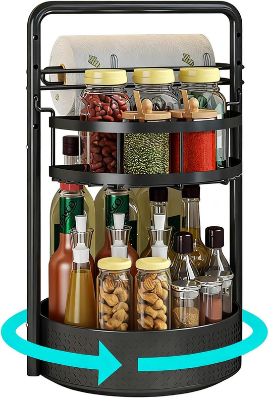 Lazy Susan Organizer, 360° Rotating Metal Spice Rack with Paper Towel Holder, Turntable Spice Holder for Condiments, Bottles, Jars, Suit for Kitchen Countertop & Cabinet, Black