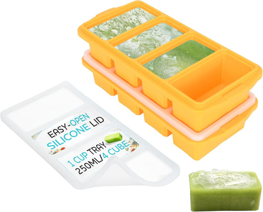 Silicone Freezer Tray With Lid - Soup Freezer Container molds - Large Ice Cube Tray- makes 8 perfect 1 cup portions cubes, 2-Pack Freezer Storage Food Soups & Meal Prep - Oven & Dishwasher -Safe