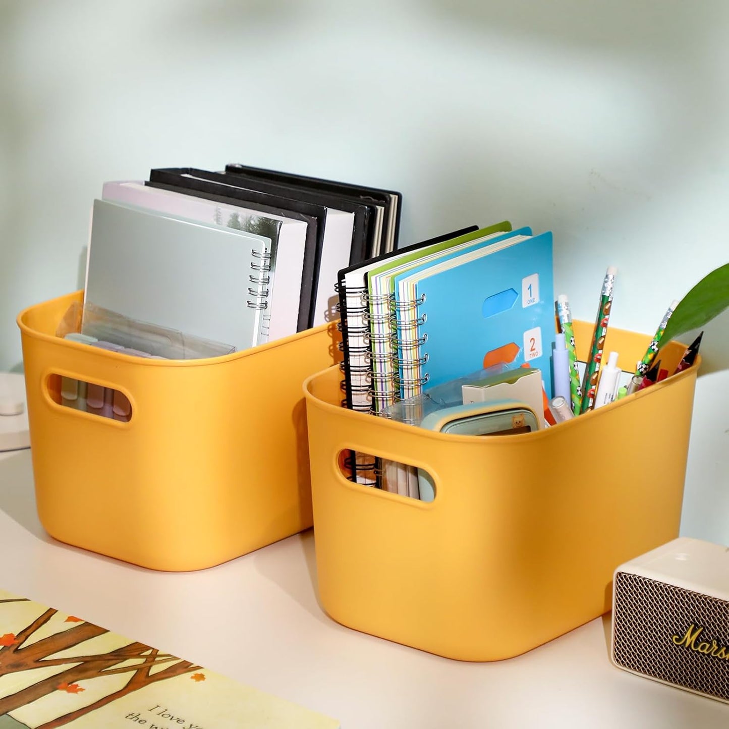 Hoolerry 8 Pieces Colorful Storage Bins with Lid, Plastic Storage Basket Organizing Container Stackable Box with Handle for Shelves Desktop Playroom Office(10.2 x 7 x 6.3 Inch,Yellow)