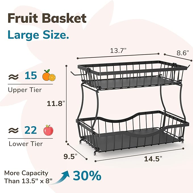 2 Tier Fruit Basket for Kitchen Counter with 2 Banana Hangers, Large Metal Fruit Bowl for Onion Vegetable Bread Snack, Countertop Organizer – Black, 14.5" W x 9.5" D