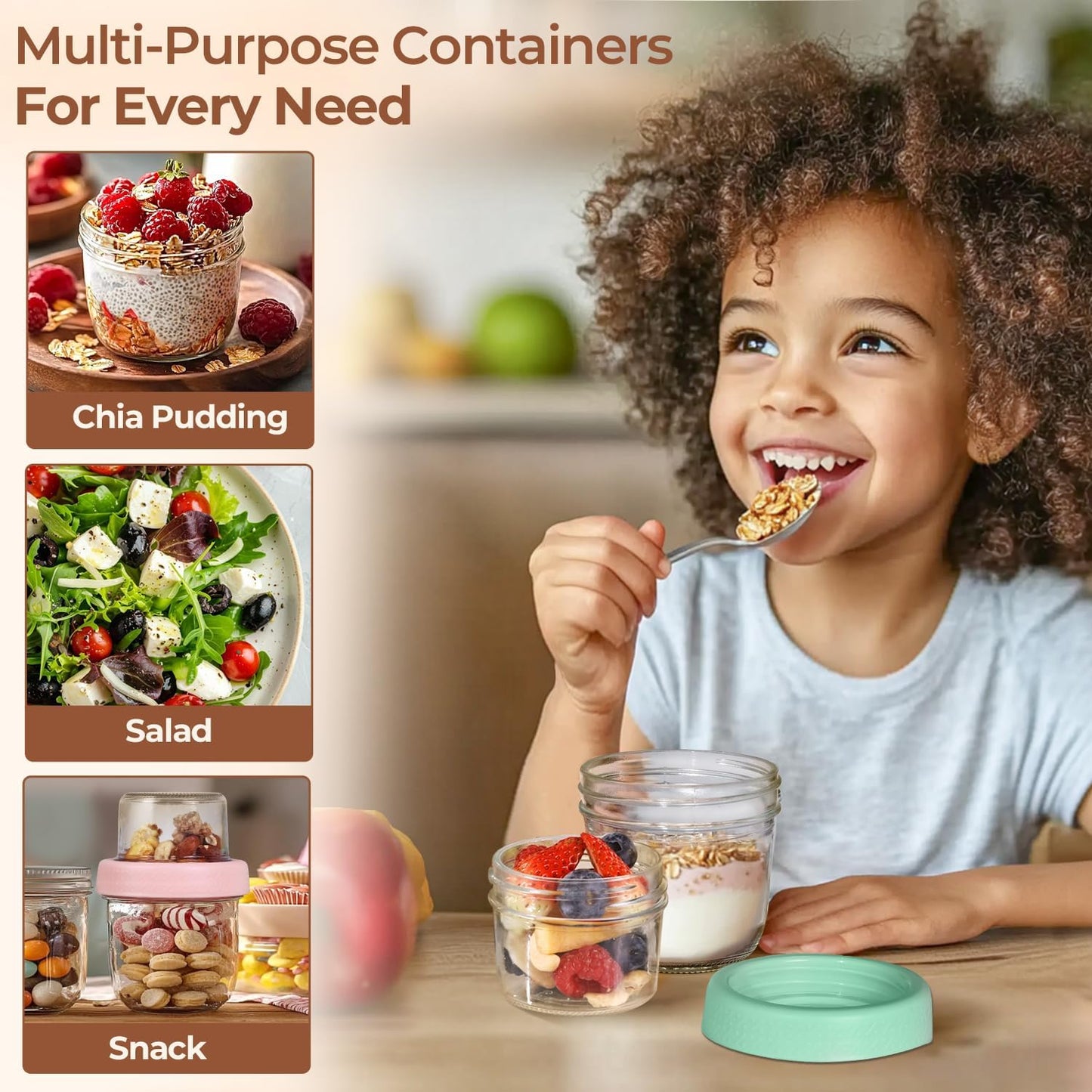 ComSaf 8oz 2 Pcs Overnight Oats Containers with Lids, Glass Yogurt Parfait Cups for Cereal Nut Fruit, Dual-Layer Chia Pudding Jars Reusable, Small Mason Jars for Salad, Meal Prep, Snack, Oatmeal