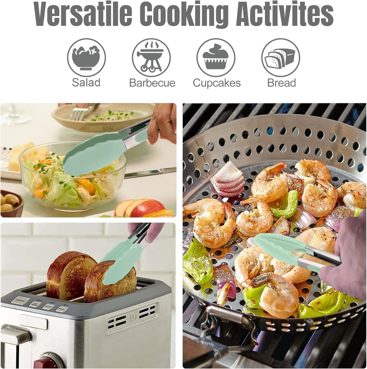 HOTEC Premium 7 & 9 Inch Kitchen Tongs, Stainless Steel Locking Cooking Tongs with Silicone Tips, Non-Scratch & Heat Resistant, Serving Tongs for Salad, BBQ, Light Green, Set of 2