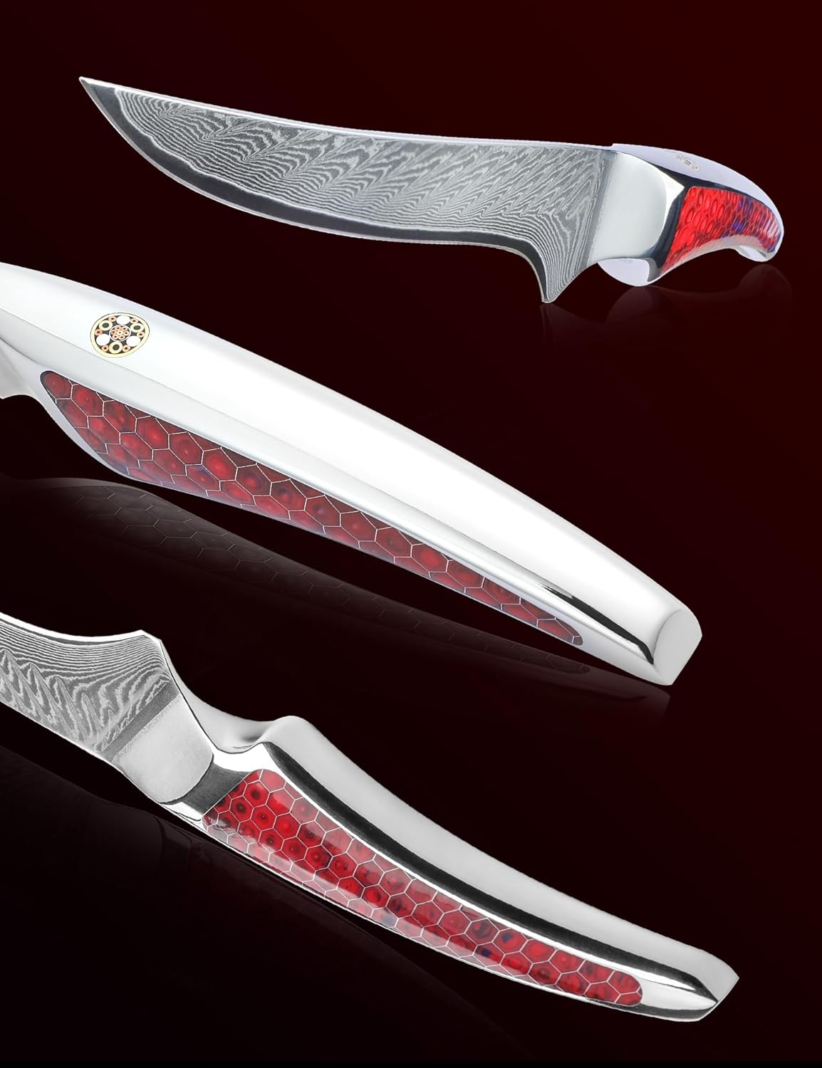 7 inch Fillet Knife, Japanese VG-10 Damascus Steel Kitchen Fish Knife, Ultra Sharp Boning Knife with Full-tang Handle in Red Resin, LA-S9 Series