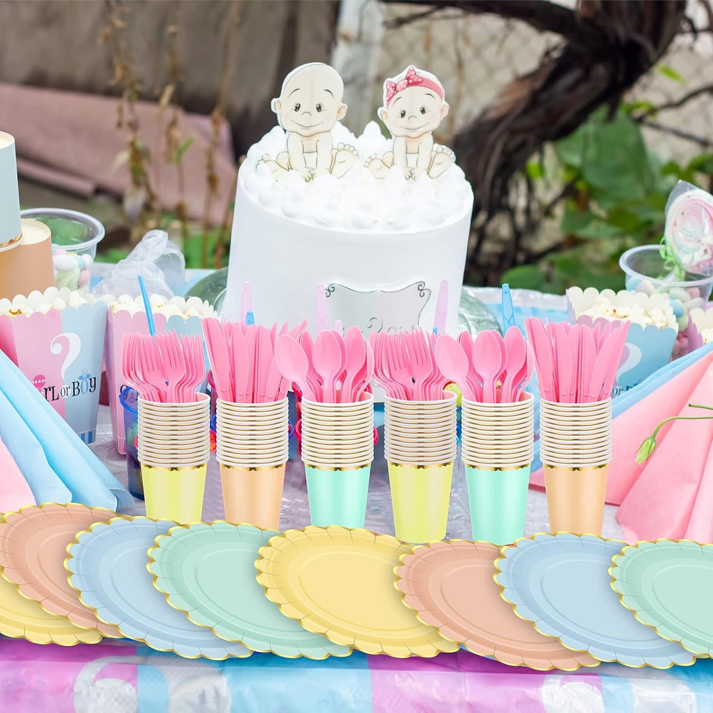 Yaomiao 168 Pcs Pastel Scalloped Paper Plates Cups Napkin with Gold Foil Macaron Colored Disposable Dinnerware Set Serve 24 Guests Princess Birthday Party Baby Shower Decorations(Multicolor,Round)