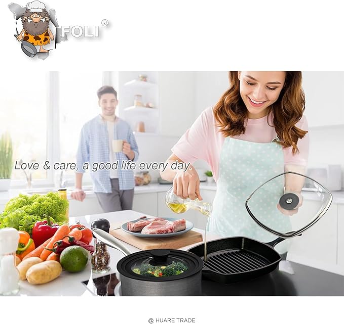 FOLI Square Glass Lid for Grill Pans with Steam Vent Hole - Fits Lodge Cast Iron Skillets 10.5inch/26.67cm Silicone Potholder- Square Tempered Glass Lid - Universal Replacement Cover Silicone Knob