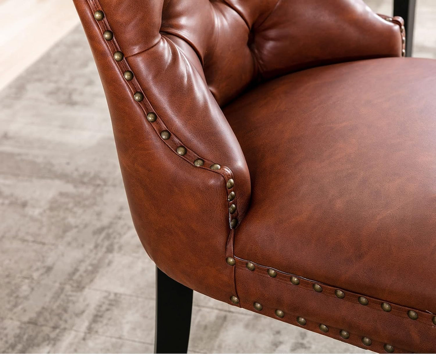 Brown Leather Dining Chairs Set of 2 Mid Century Modern Tufted Chairs Armless Rubber Wood Vintage Furniture Chairs Upholstered Nailhead PU Side Chair with Pull Ring for Kitchen/Cafe Decor