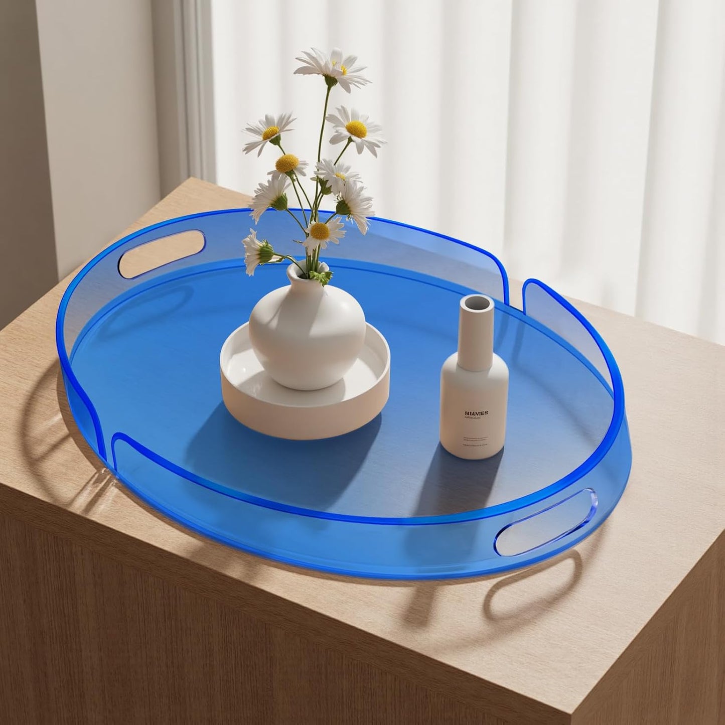 Acrylic Serving Tray with Handles Large Decorative Ottoman Tray 17x13'' Round for Bathroom Food Coffee Fruit Snack Tea Dinner Living Room, Blue