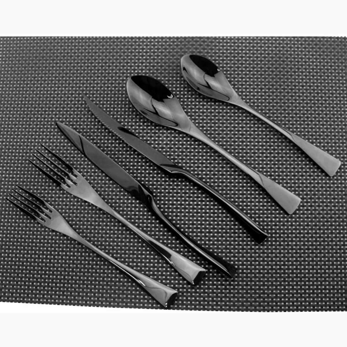 Dark Color Flatware Set 18/10 Stainless Steel Mirror Polished Black Cutlery Set - Silverware Utensil Set of Steak Knife Dinner Fork Knife Spoon Salad Fork Dessert Spoon,6 Piece Service for 1
