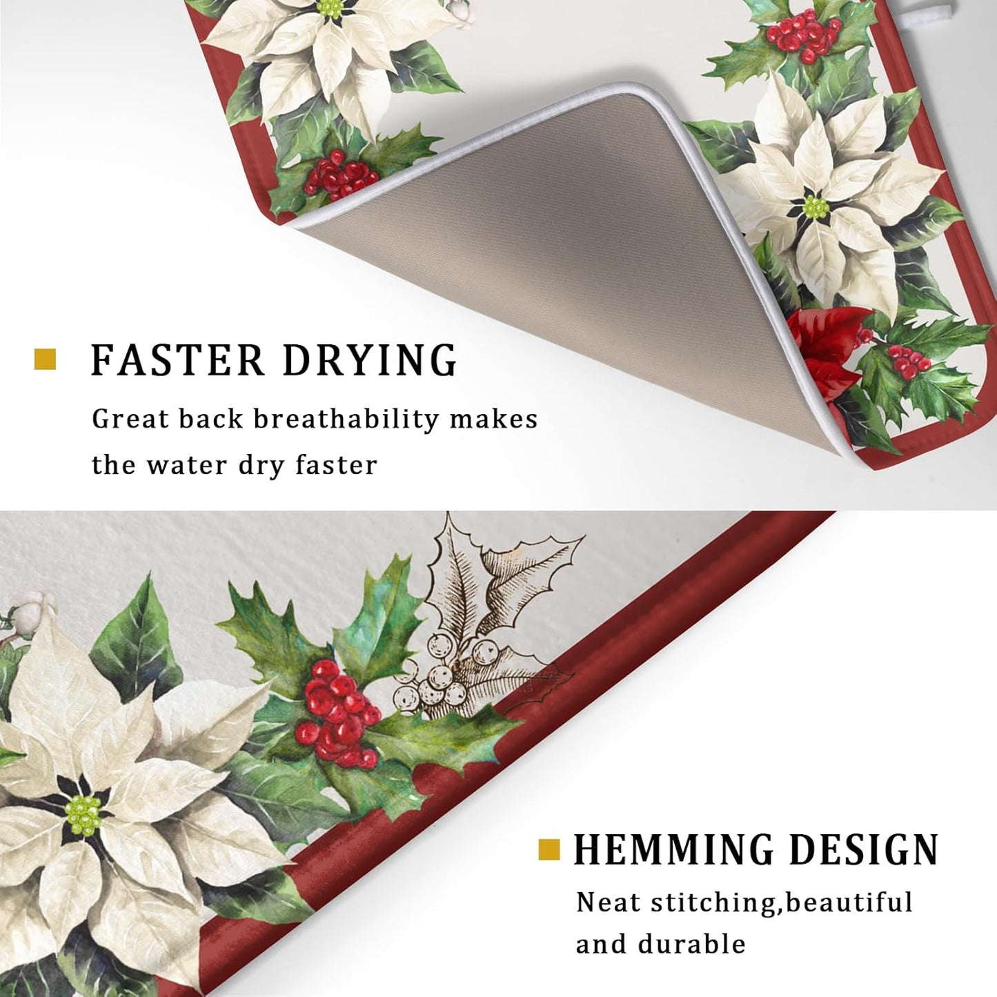 Christmas Dish Drying Mats for Kitchen Counter 18×24 Inch Red White Poinsettia Christmas Flower Large Microfiber Drying Mat Kitchen Accessories Dish Rack Mat Drainer Pad Washable Absorbent