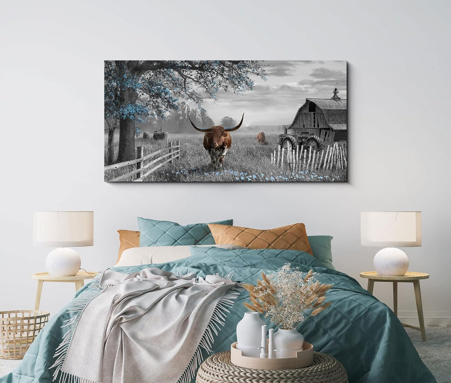 yiijeah Western Home Decor - Cow Picture Rustic Wall Art - 48x24 Inches Longhorn Wall Decor Living Room Bedroom Canvas Framed Artwork Farmhouse Wall Decor