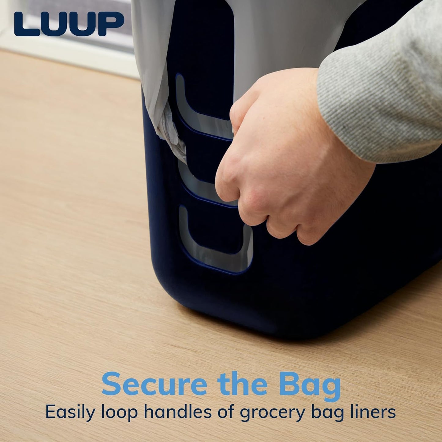 STORi Luup Bathroom Wastebasket, Secure Grocery Bags, Plastic Garbage Container for Vanity, Laundry Room, Kitchen, Office, 2.5 Gallon, Navy, Made in USA