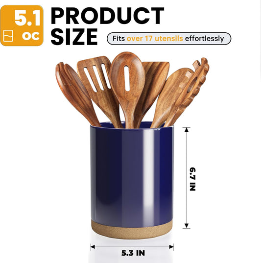 Ceramic Kitchen Utensil Holder for Countertop, Modern Crock with Non-Slip Cork Base, Counter Organizer for Cooking Tools , Blue