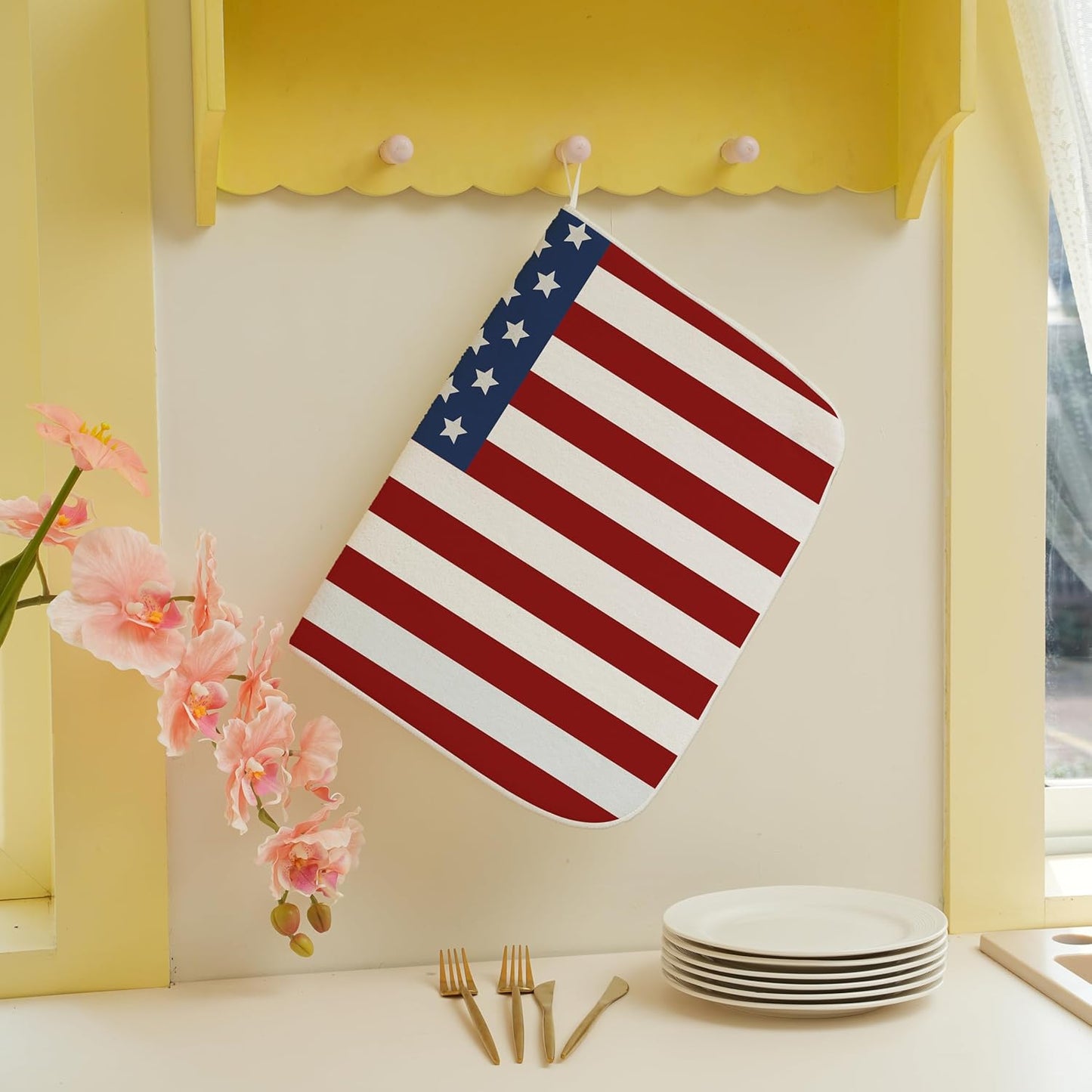 Independence Day Patriotic Dish Drying Mat for Kitchen Counter 18x24 Inch American Flag Dish Drying Pad 4th of July Stars and Stripes for Kitchen Counter Dining Room Decor