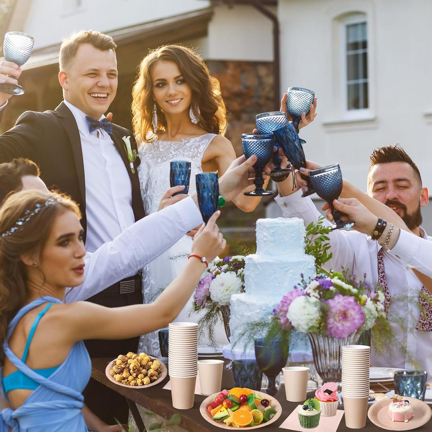 Tioncy 200 Pcs Disposable Paper Plates Cups and Napkins Party Supplies Serve 50 Guests Disposable Paper Dinnerware Set for Halloween Birthday Wedding Baby Shower Family Picnic(Deep Nude)