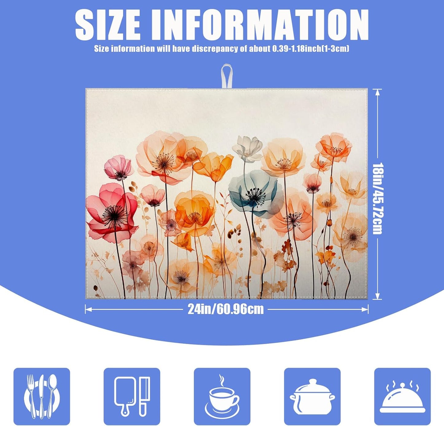 Poppy Dish Drying Mat for Kitchen Counter Wild Flower Drying Pad Absorbent Reversible Dish Drainer Rack Mats Draining Pad 18"x24"Inch