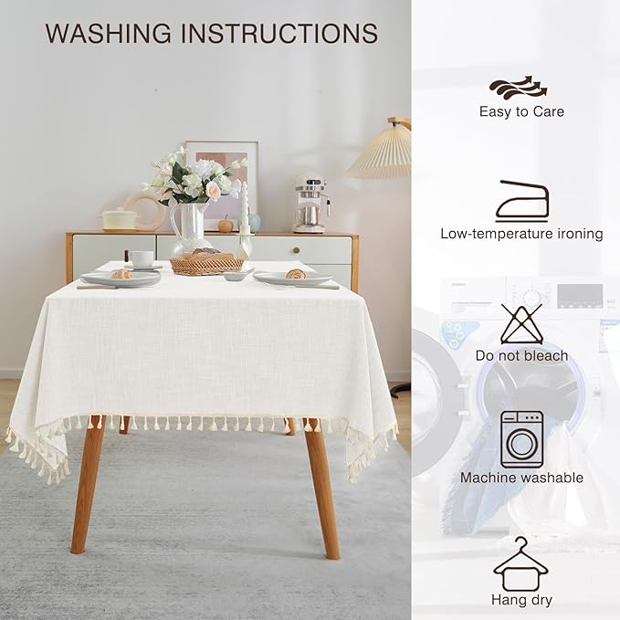 JIALE Textured Tablecloths, Heavy Duty Cotton Linen Farmhouse Table Cloth Rectangle Table, Waterproof Wrinkle-Free Rectangle Tablecloth for Kitchen, Dining, Parties, 55"x106", Ivory