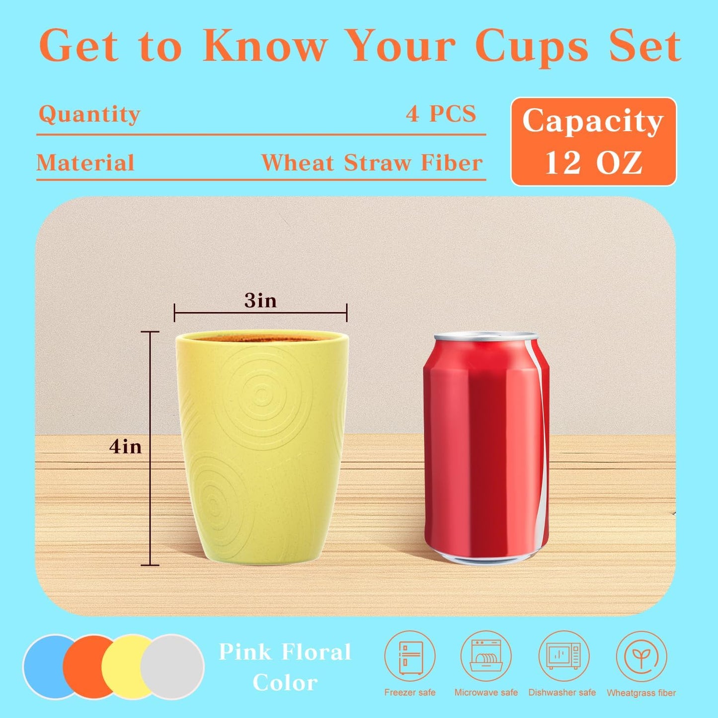 Homienly Kids Cups Premium Wheat Straw Cups Set of 4, Reusable Cups, Unbreakable Drinking Cup 12 OZ, Dishwasher and Microwave safe, Tumbler for Juice, Drinks, Milk - Beach Color