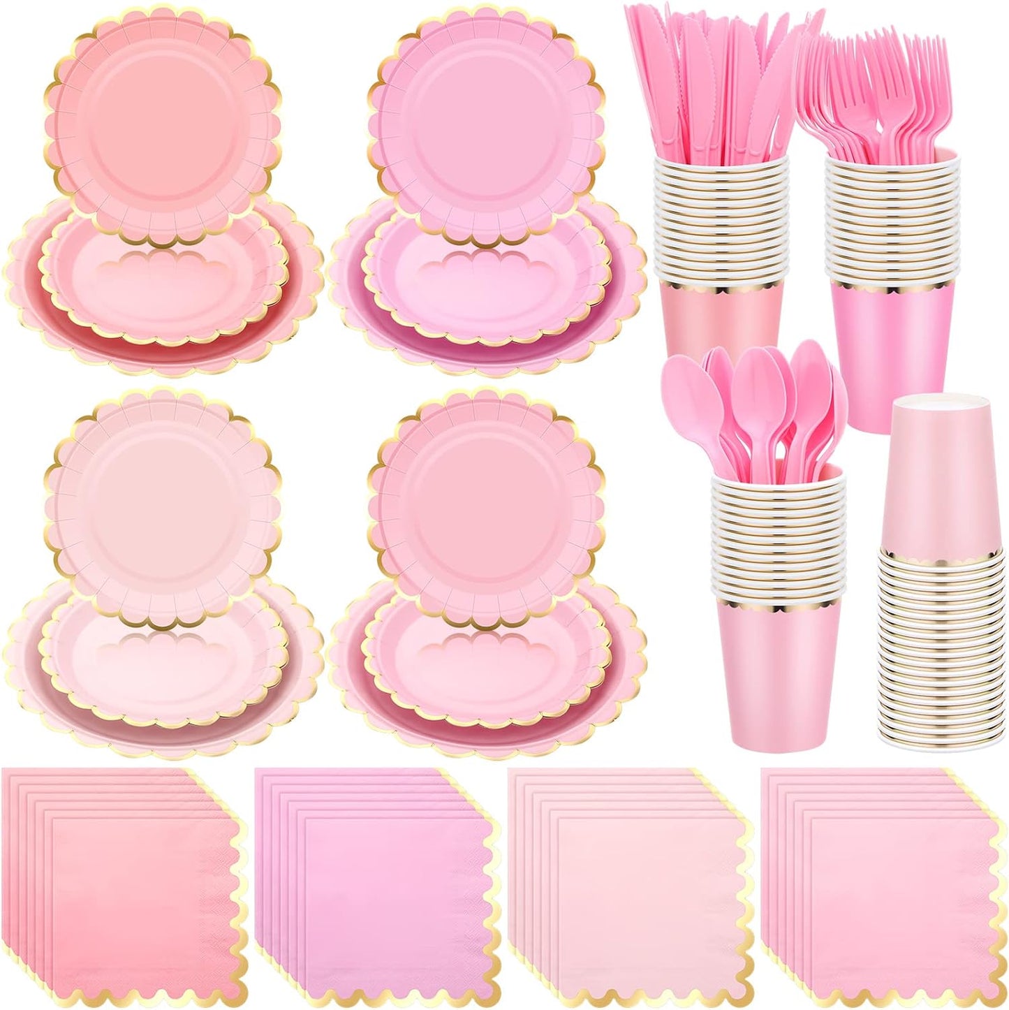 Yaomiao 168 Pcs Pink Dinnerware Sets Pink Plates Disposable Paper Plates Cups Napkin with Plastic Knife Fork Spoon Serve 24 Guests Princess Birthday Party Bridal Baby Shower Decorations (Round)