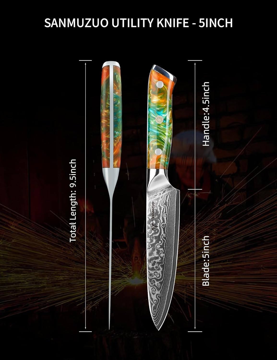 5 Inch Kitchen Utility Knife - Xuan Series Kitchen Knives - VG10 Damascus Steel with Resin Handle (Fantasy Orange)