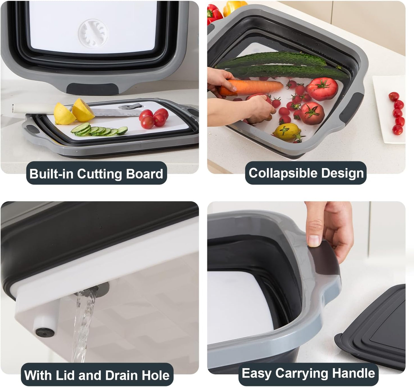 TANOSHII 3-Piece Collapsible BBQ Prep Tubs with Lids and Built-in Cutting Board – For Meal Prep Marinating Food Storage&Washing – Picnic Camping – Set of 3 – (1) Medium + (1) L + (1) XL – Black