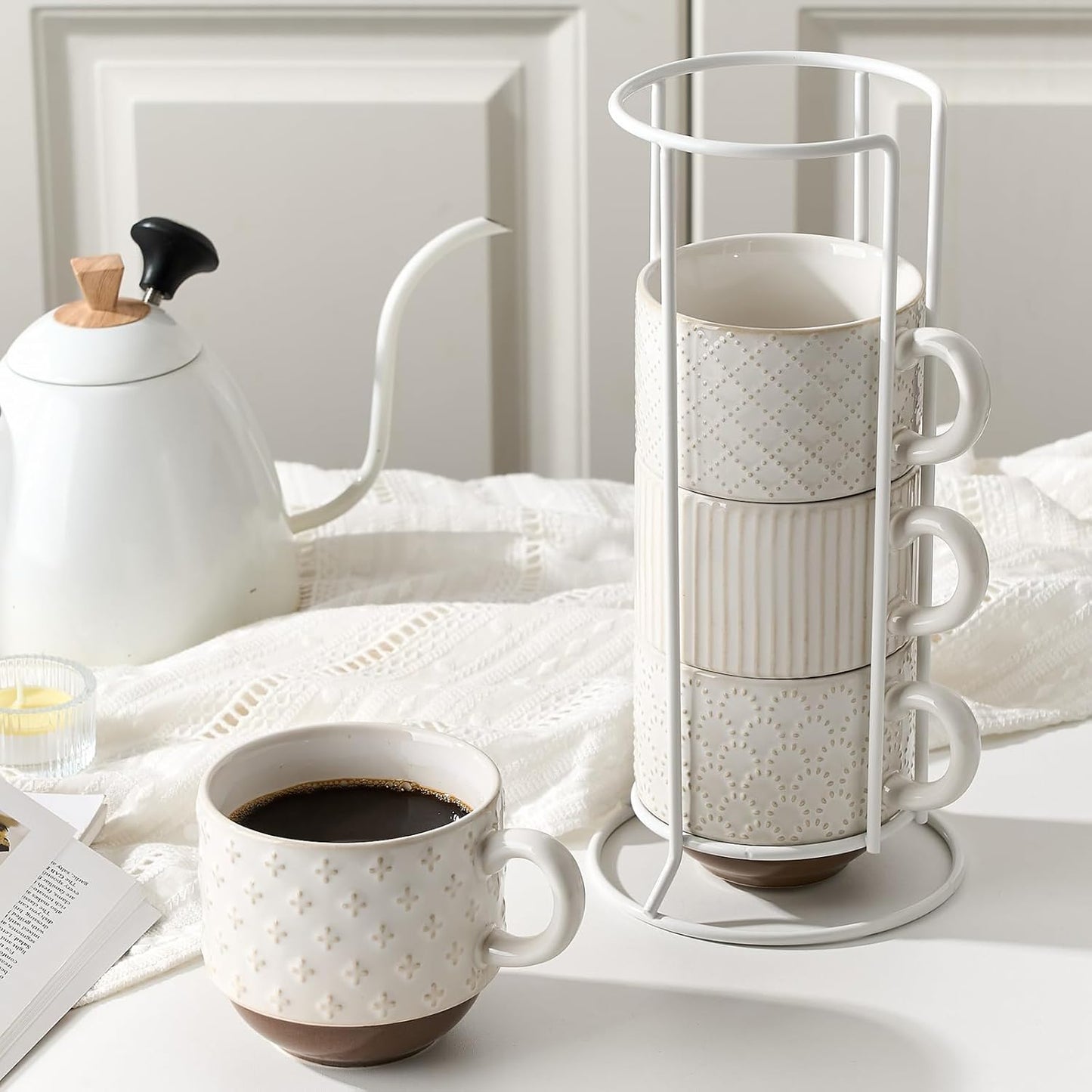 Large Ceramic Coffee Mug Set of 4 with Stand, 15 Oz Stackable Different Embossment Ribbed Latte Cup Set for Cappuccino, Tea, Hot Cocoa, Drinks - Dishwasher & Microwave Safe, Off White