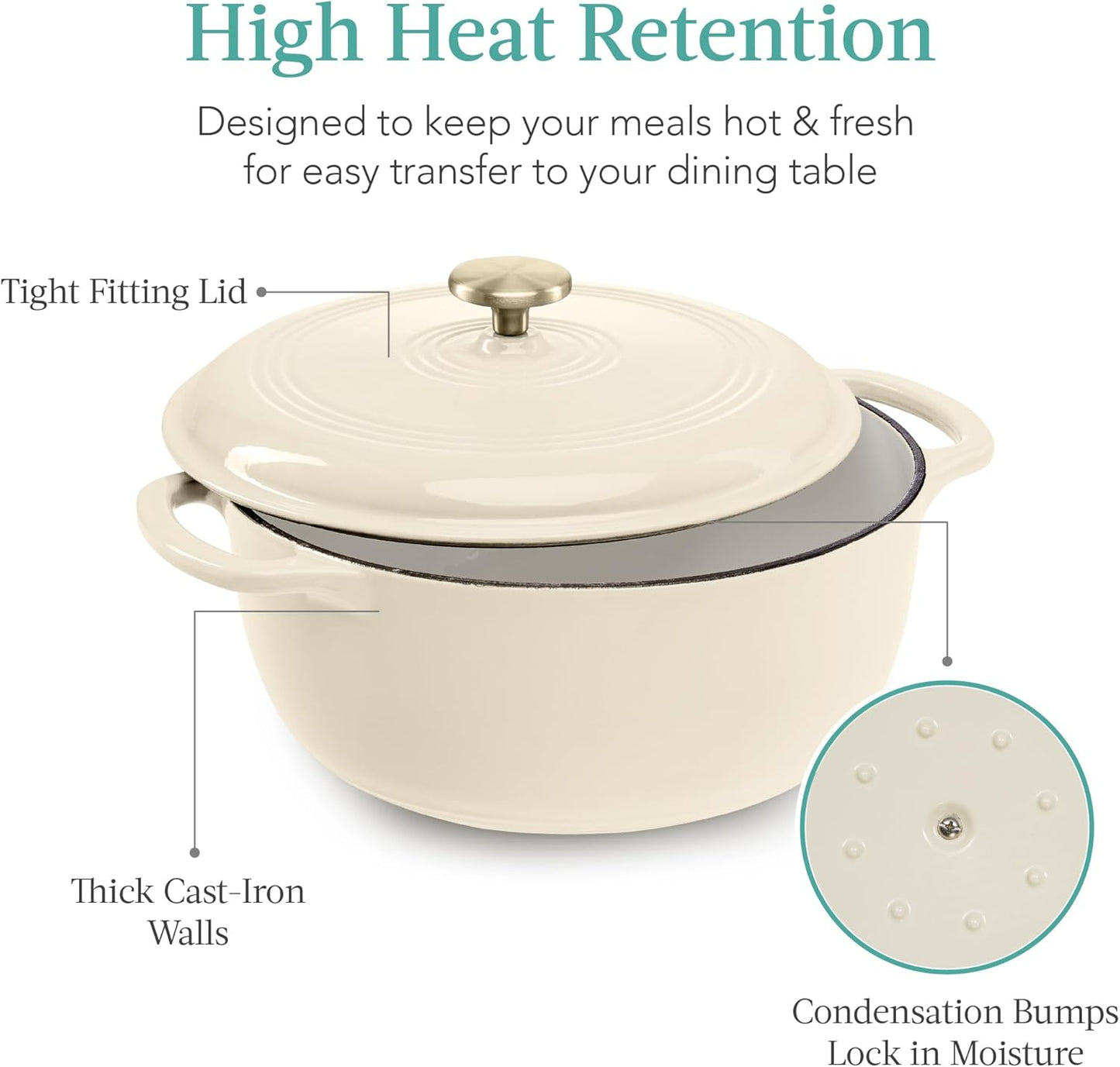 Best Choice Products 7.5 Quart Enamel Cast-Iron Round Dutch Oven, Family Style Heavy-Duty Pre-Seasoned Cookware for Home, Kitchen, Dining Room, Oven Safe w/Lid, Dual Handles - Vanilla Buttercream