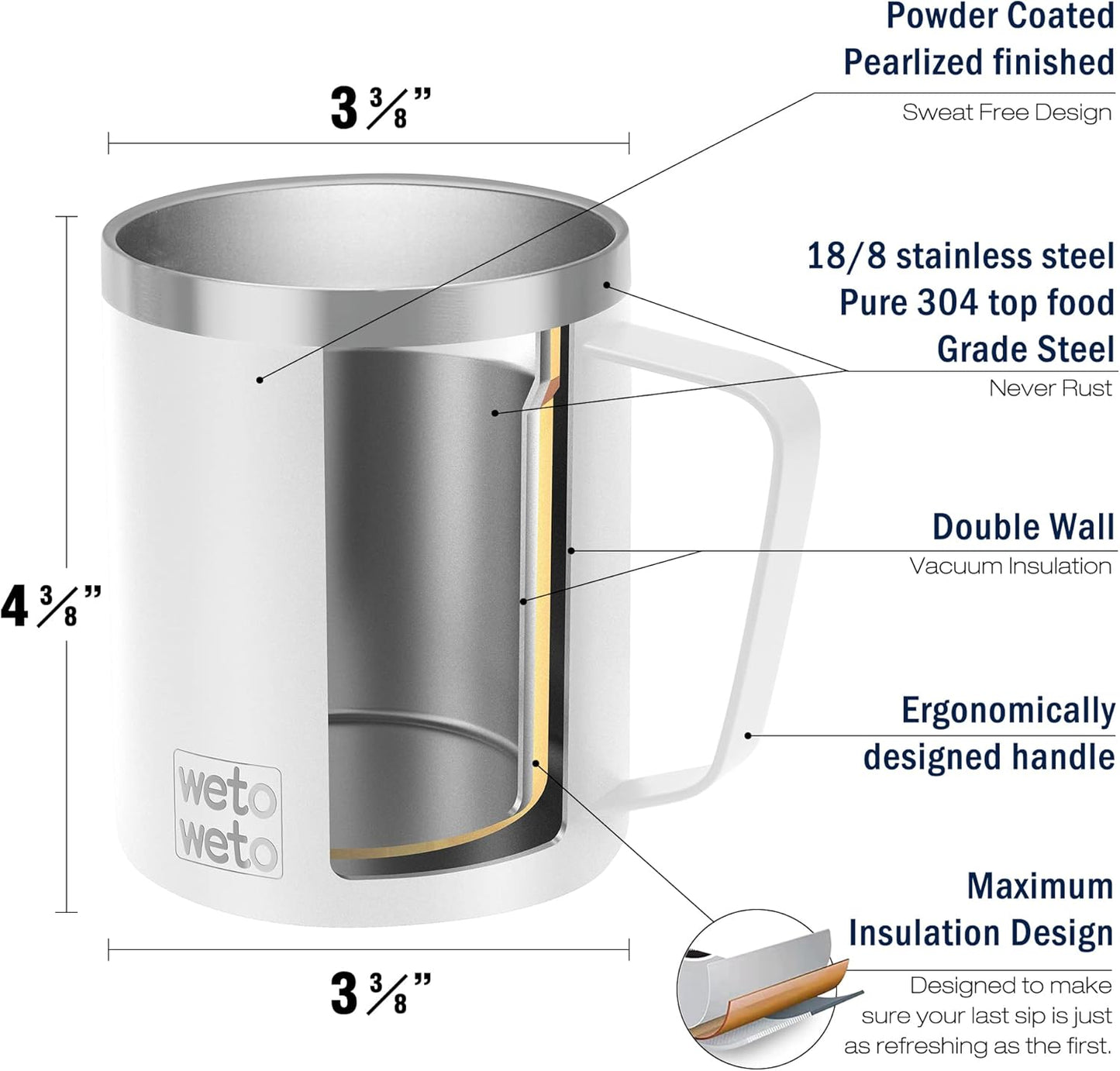 WETOWETO 14 oz Coffee Mug, Vacuum Insulated Camping Mug with Lid, Double Wall Stainless Steel Travel Tumbler Cup, Coffee Mugs Outdoor, Powder Coated White