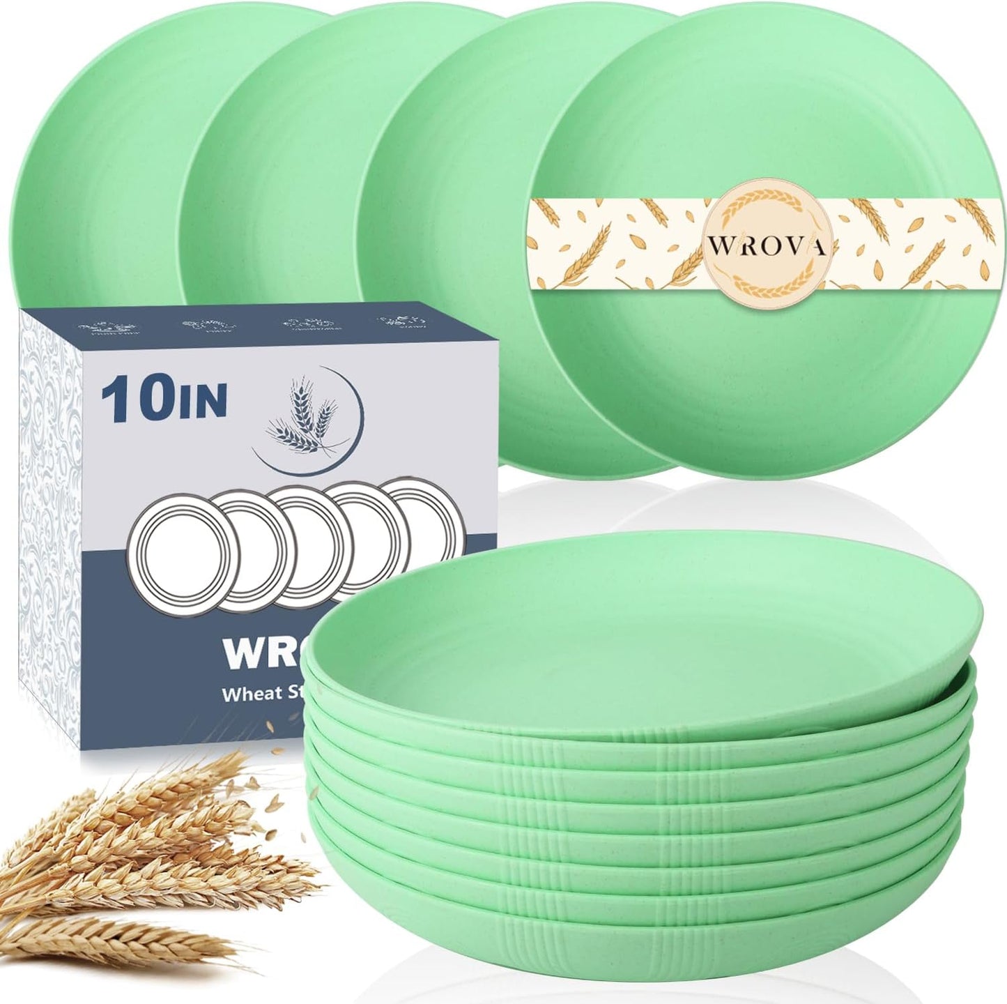 Wrova Wheat Straw Plates - 10 Inch Unbreakable Dinner Plates Set of 8 - Dishwasher & Microwave Safe Plastic Plates Reusable for Kitchen and Camping (Light Green)
