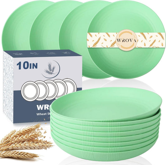 Wrova Wheat Straw Plates - 10 Inch Unbreakable Dinner Plates Set of 8 - Dishwasher & Microwave Safe Plastic Plates Reusable for Kitchen and Camping (Light Green)