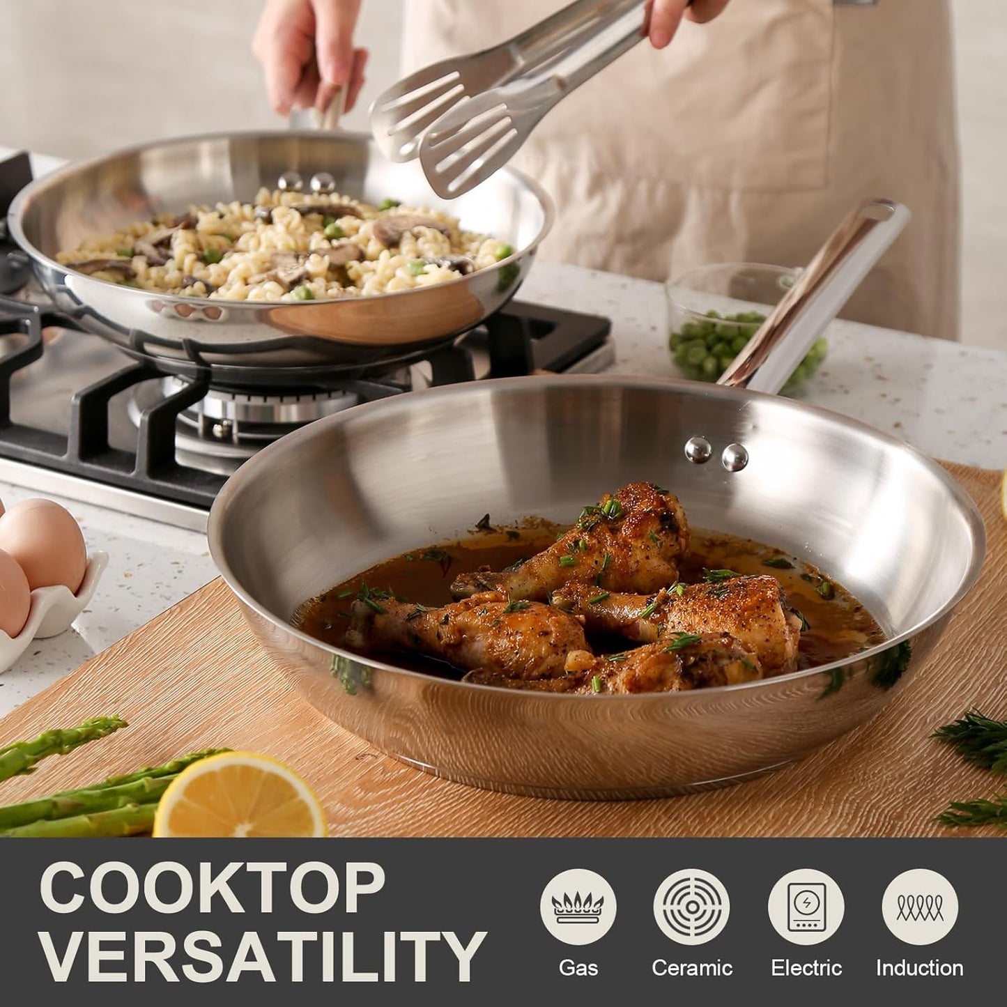DELUXE Stainless Steel Frying Pan Set 4-Pieces, 10" and12 Skillet with Lid and Stay-Cool Handle, PFOA Free Stainless Steel Pan Suitable with Induction Gas Stoves, Dishwasher&Oven Safe