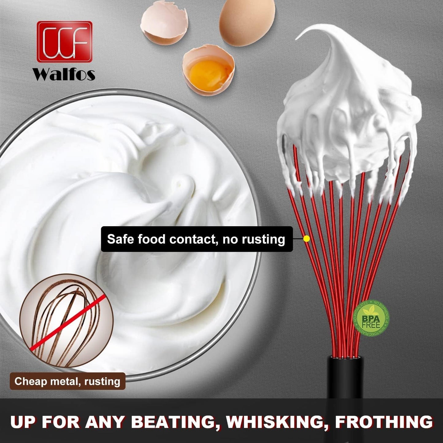 Walfos Whisk,Silicone Whisk Non Scratch-Whisks for cooking set of 4 Heat Resistant(480°F).Nice for Blending Beating Stirring and Kitchen Cooking &Baking.BPA Free and Dishwasher safe.(5+7+9+11inch )Red