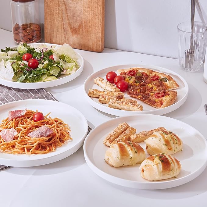 AntoKueh White Ceramic Flat Dinner Plates Set of 6, 10.3 Inch High Edge Porcelain Plates, Large Dish Set for Pizza, Steak, Dishwasher/Microwave safe