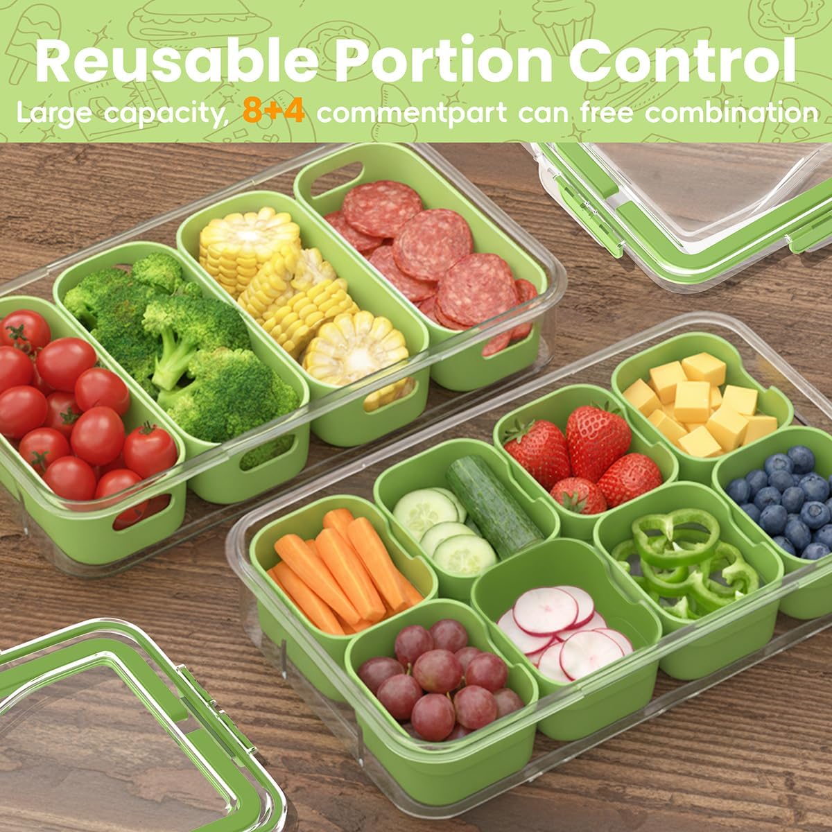2 Pack Food Divided Storage Containers-Snackle Box Large Charcuterie Container for Portable Fridge Snack Platters-Reusable 12 Compartment Clear Storage with Lid and Handle Organizer(Green)