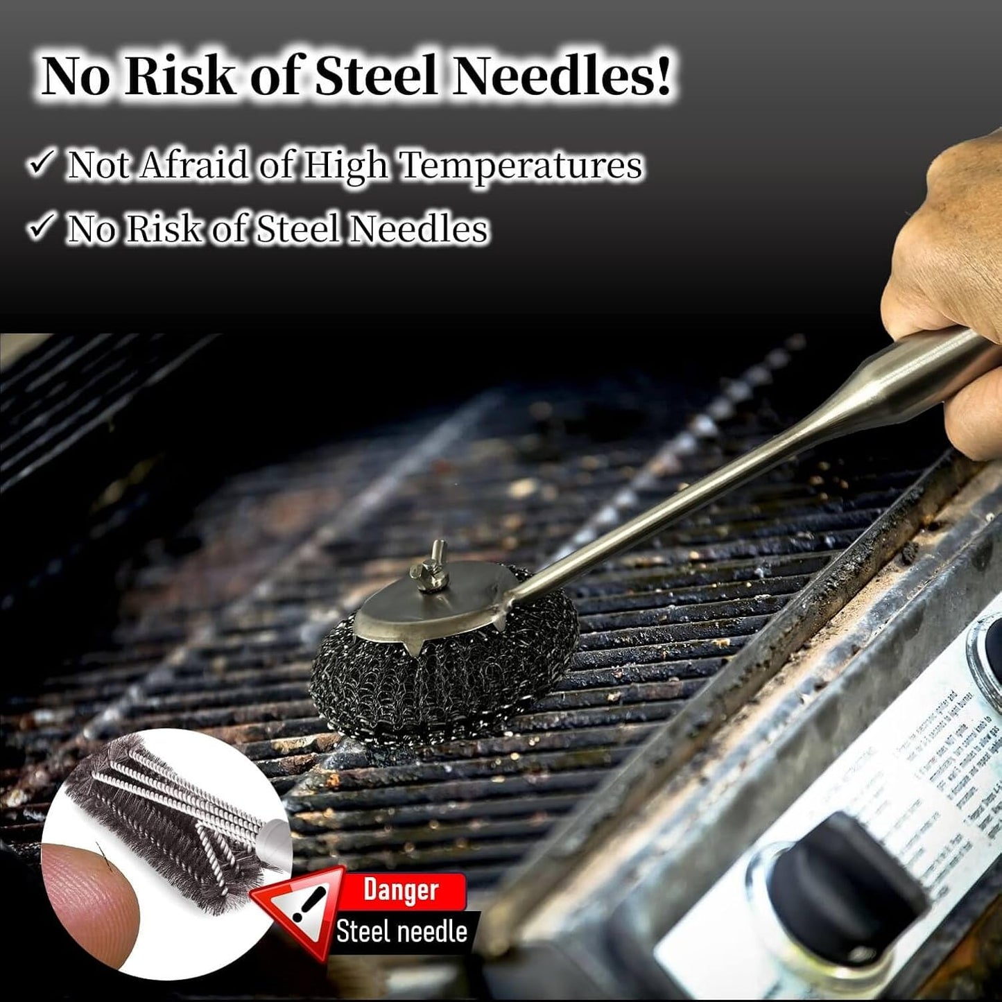 Grill Brush with Replaceable Head for Barbecue – Safe Bristle Free Stainless Steel BBQ Cleaner with Heavy Duty Scrubber Pad, Grill Accessories Steel Wool Scrubbers for Porcelain Gas Charcoal Grill