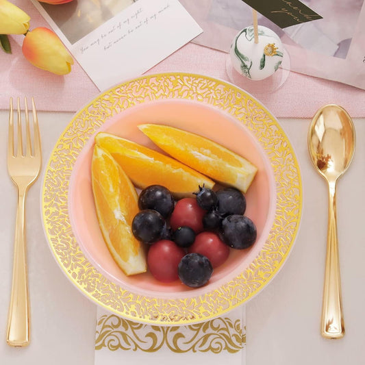 I00000 60pcs Pink Gold Plastic Bowls, 12 oz Dessert Bowls, Gold Lace Trim China Look, Premium Heavy Duty Soup Bowls for Party, Disposable salad Bowls for Wedding