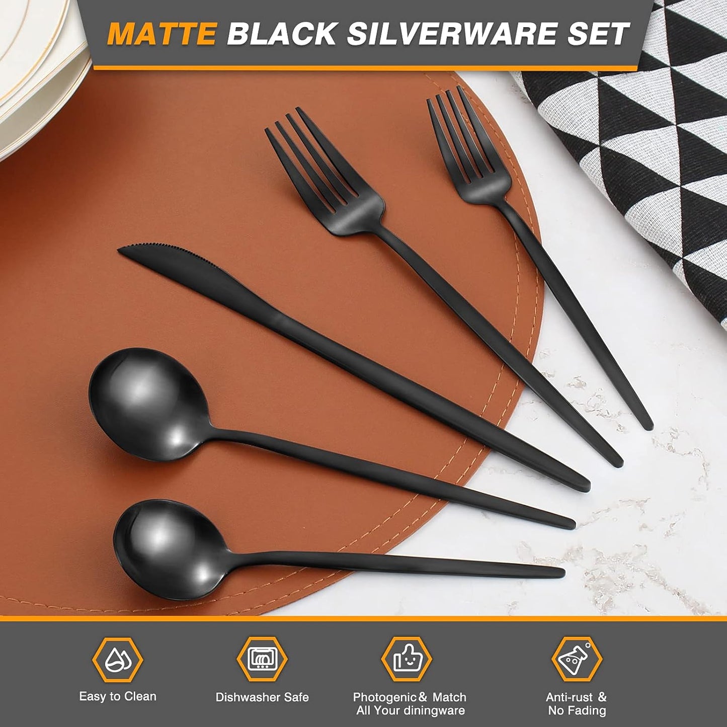 20 Pieces Silverware Set，Matte Black Stainless Steel Flatware Cutlery Set Service for 4, Stain Finish Kitchen Utensil Set，Include Dinner Knives Forks and Spoons Silverware, Dishwasher Safe