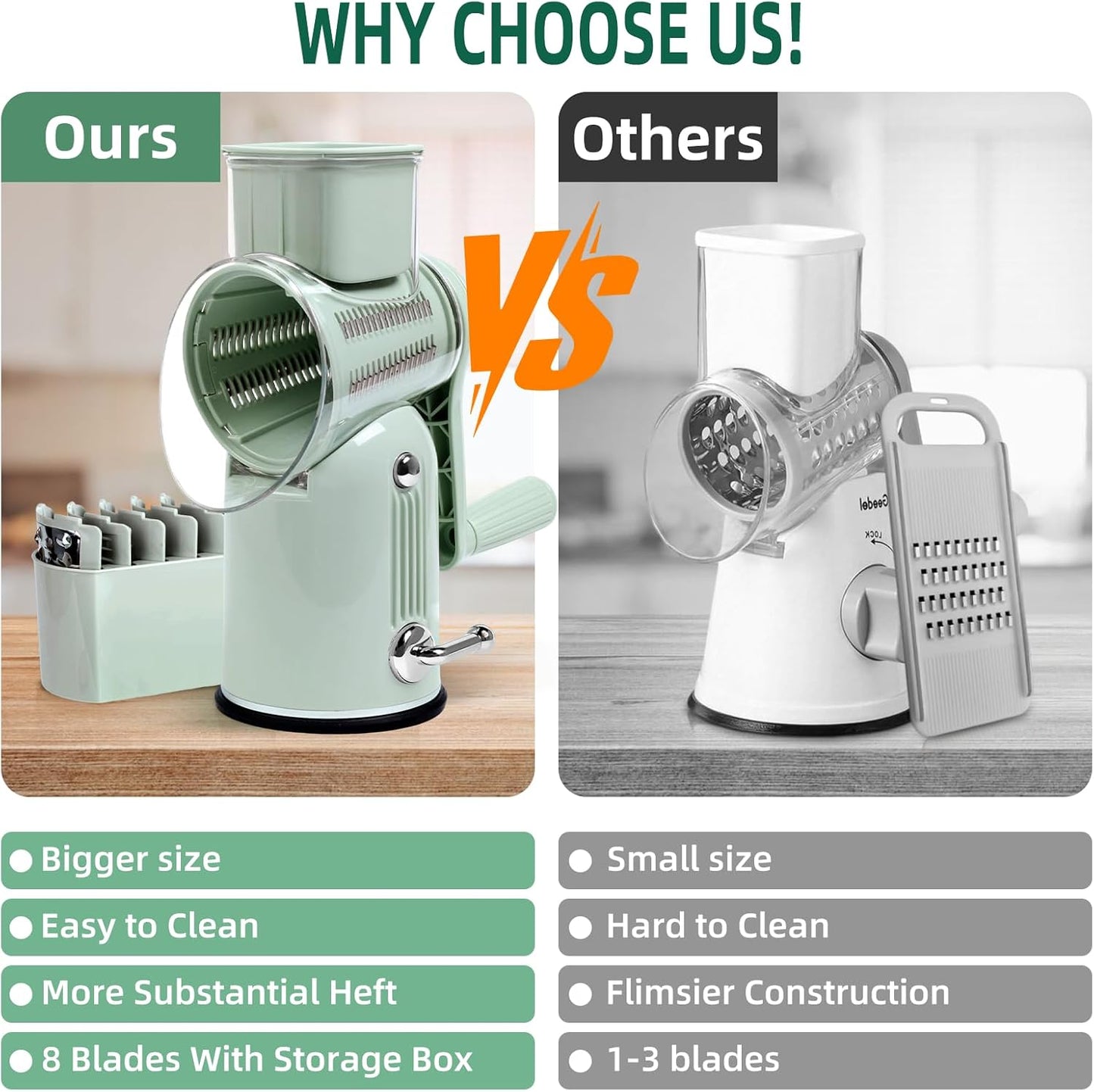 Rotary Cheese Grater with Handle, Vegetable Shredder with 5 Replaceable Blades & Strong Suction Base, Round Food Slicer & Chopper for Kitchen Fruit Vegetables Nuts with Blade Storage Box (Green)