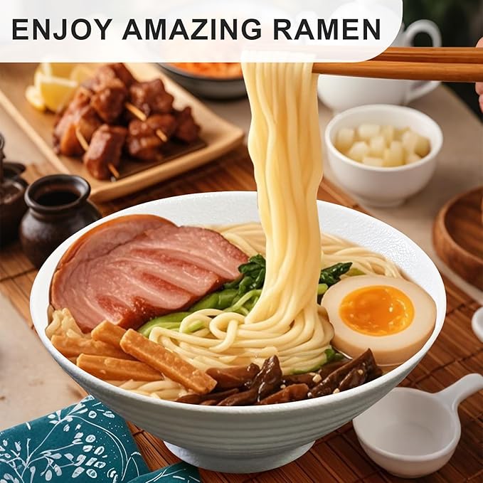 8-Inch Ceramic Ramen Bowl Set of 2 (9 Piece) - Porcelain Japanese Salad Noodles Cereal Fruit Pasta Soup Large Bowls with Recipes Chopsticks Forks Spoons for Men Women Gift Microwave & Dishwasher Safe