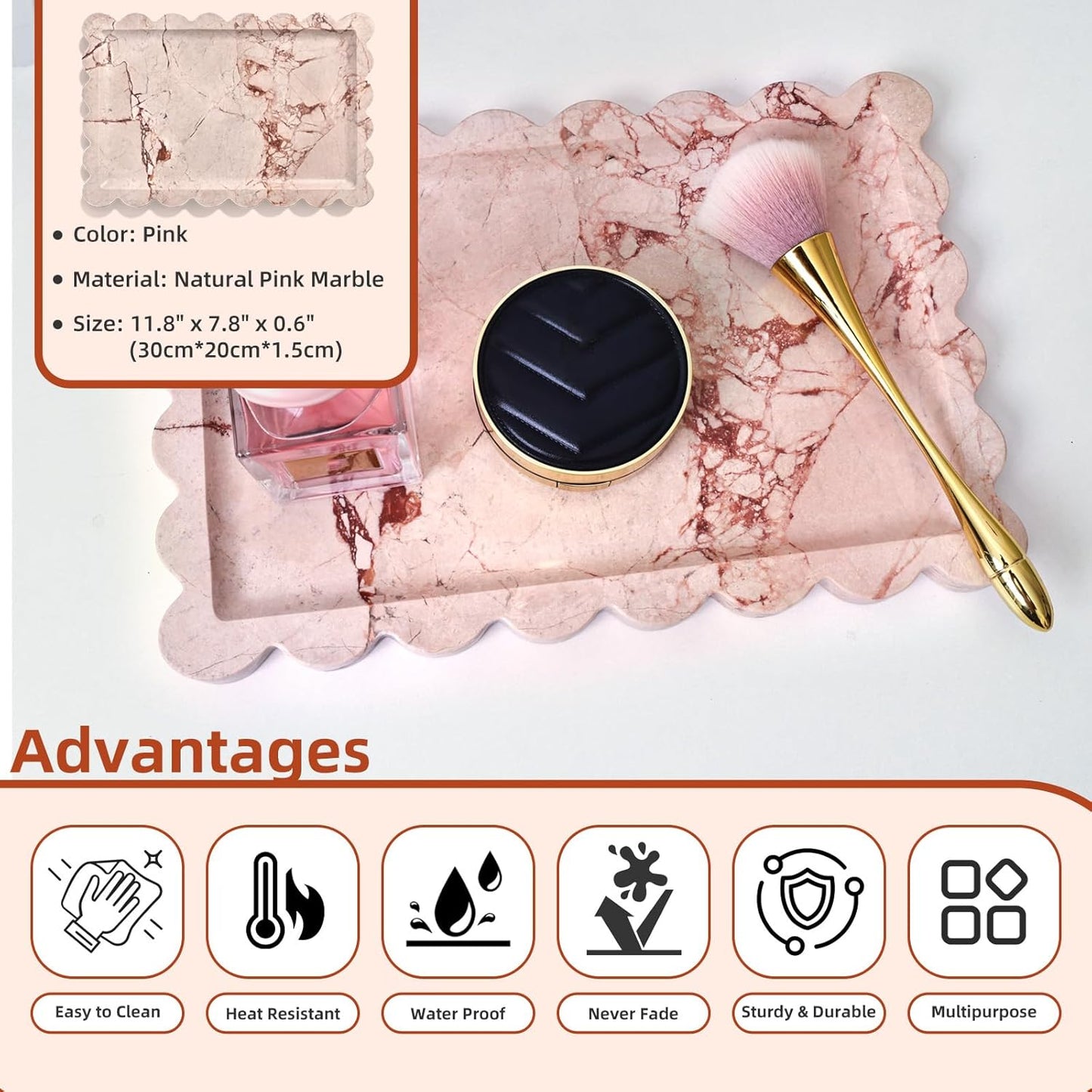 Yew & Tulip Natural Marble Vanity Tray with Scalloped Rim, Nature Rose Pink Luxury Stone Serving Tray for Bathroom, Kitchen, Vanity, Home Decor, Wedding etc. (12"x 8" x 0.6")