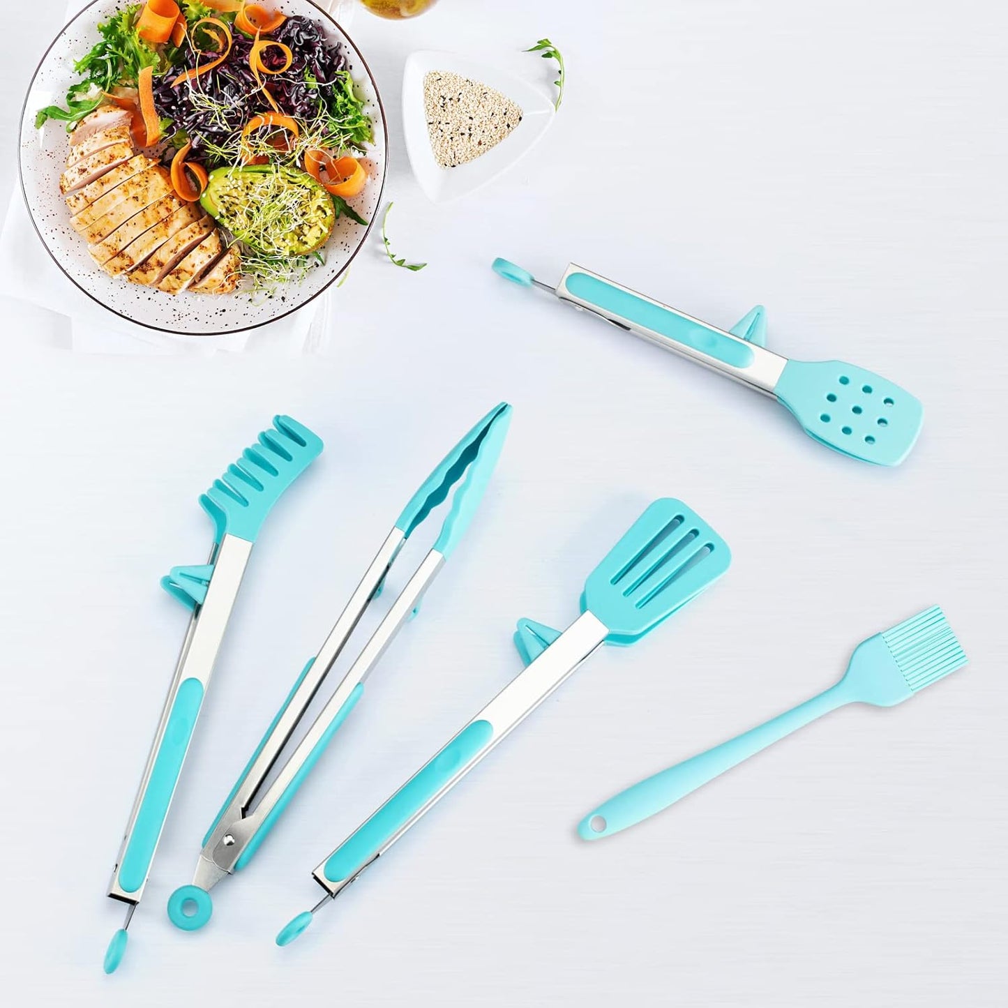 5-Pack Silicone Tongs for Cooking,Maywe Tanso 4PCS 13-Inch Kitchen Tongs with Silicone Tips,Nonstick Stainless Steel Tong for Steak Pie Pizza Pasta Spaghetti Salad BBQ Buffet,Plus Brush