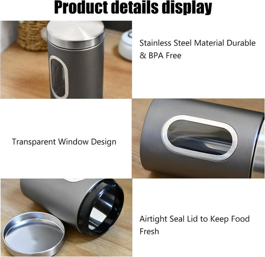 Canisters Sets for the Kitchen, 3pcs Sugar Flour Tea Coffee Storage Jars Stainless Steel Food Container Organizer for Kitchen Counter with Transparent Window (grey)