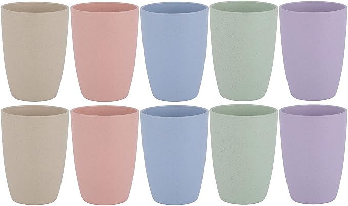 LuckyZone Wheat Straw Reusable Cup (12 oz) - Unbreakable Drinking Glasses Sets for Home Outdoor - Dishwasher Safe Tumbler - BPA Free and Eco friendly (10Pcs/5Color)