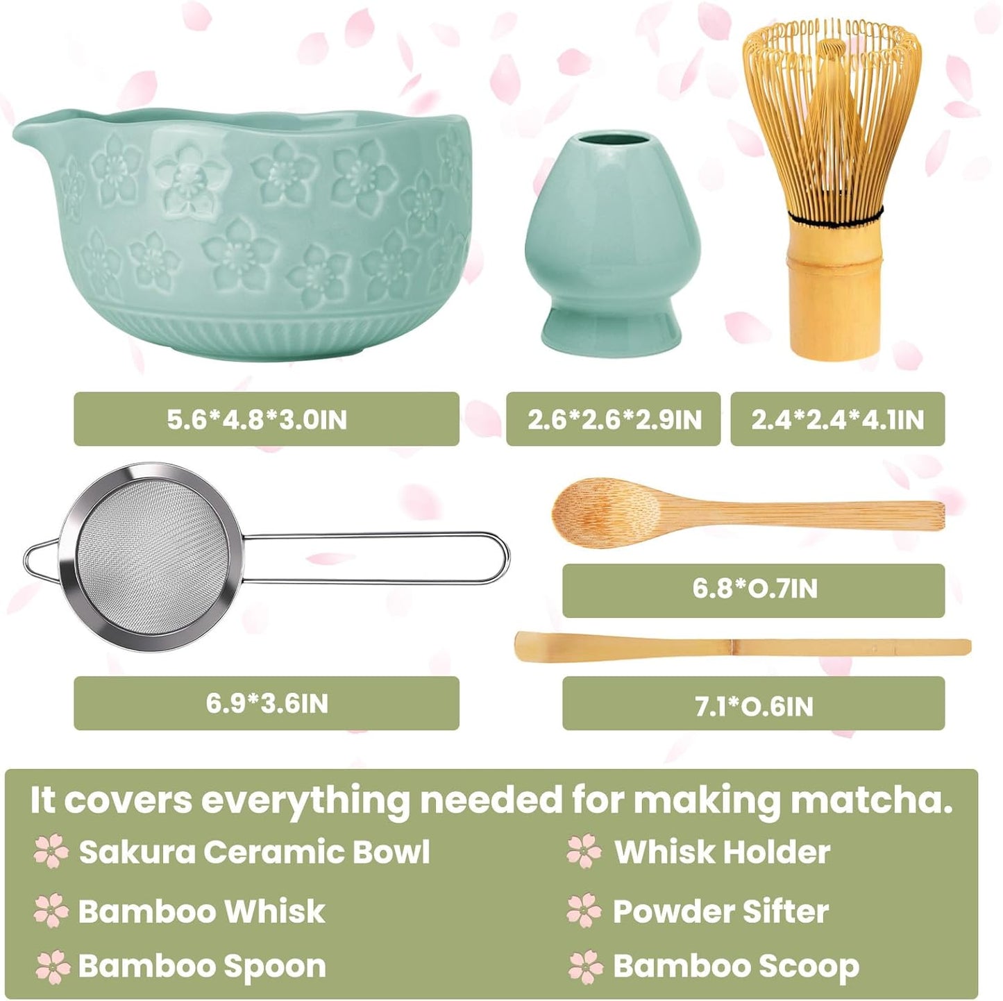 Matcha Whisk Set, Sakura Blue Ceramic Matcha Set Includes Matcha Bowl, Matcha Whisk (Chasen) and Holder, Sifter, Bamboo Scoop & Spoon - 6 Pcs Matcha Kit for Matcha Lovers