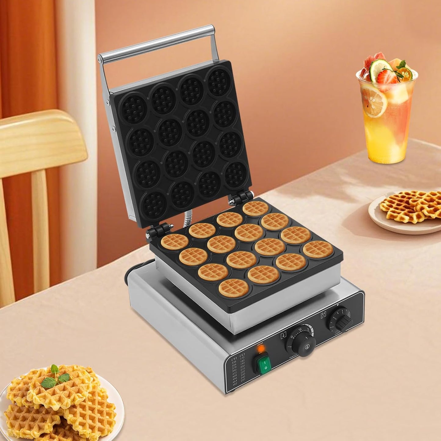 1750W 16 Grids Belgian Waffle Maker Machine with Temp and Time Control 122-572℉, 0-5 Mins, Non-Stick Plates Commercial Waffles Iron w/ 16 Molds, Stainless Steel Electric Waffle Making Machine
