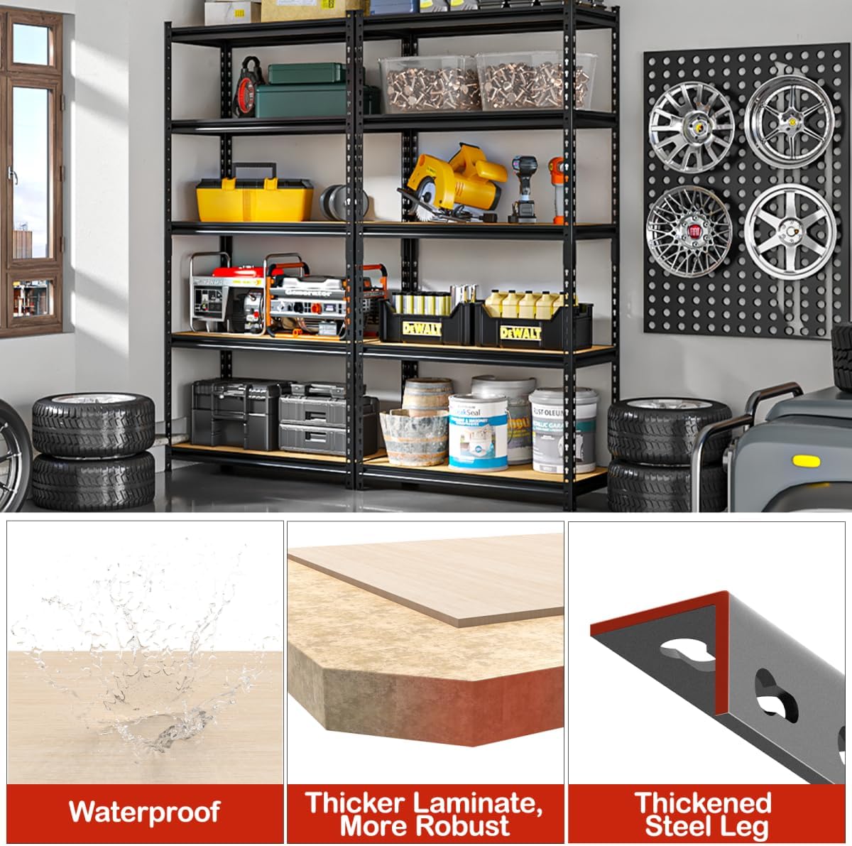 36"W "Father&I" 5-Shelf Industrial Metal Steel Garage/Tote Storage Shelves Heavy-Duty Adjustable Rack: Tall Shelving Units Organizer for Closet/Basement/Pantry/Shop/School 72"H*36W*16"D, Black