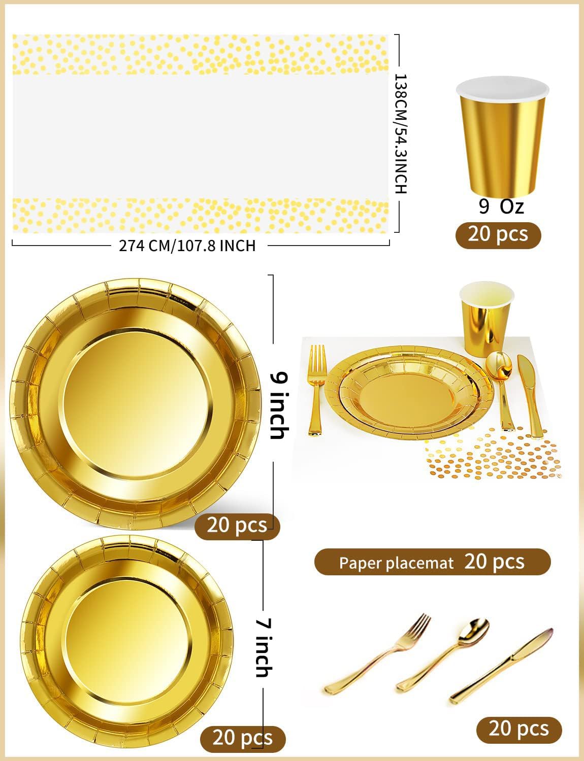 141 Pieces Gold Party Supplies, Party Dinnerware Sets Include Paper Plates Napkins Cups Silverware, for Wedding Bridal Shower Engagement Birthday Parties Decoration -20 Serves