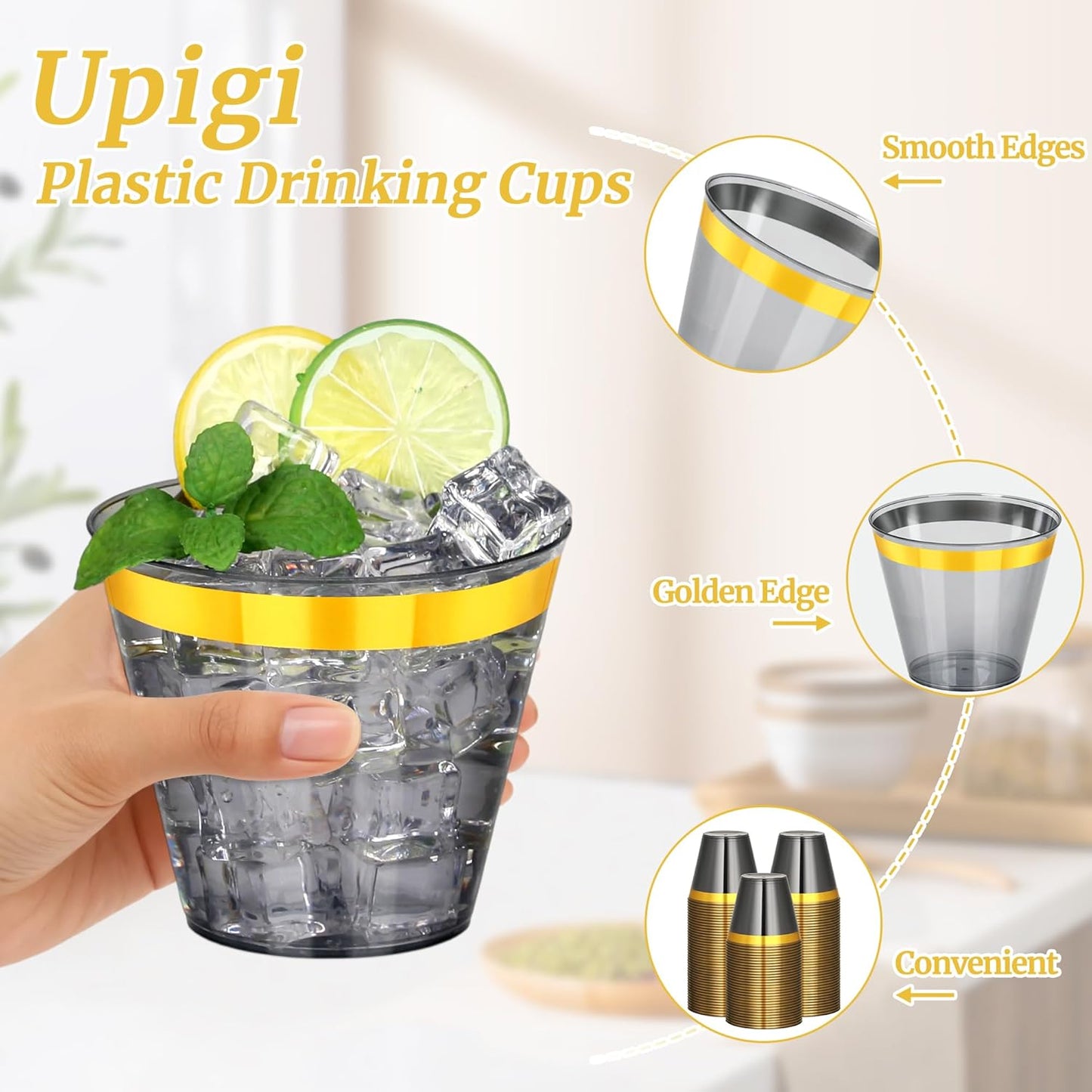 100 Pcs Gold Black Plastic Cups,9Oz Clear Disposable Cups with Gold Rim,Heavy Duty Clear Disposable Plasitc Cocktail Glasses Tumblers Wine Cup for Party,Wedding,Birthday,Christmas